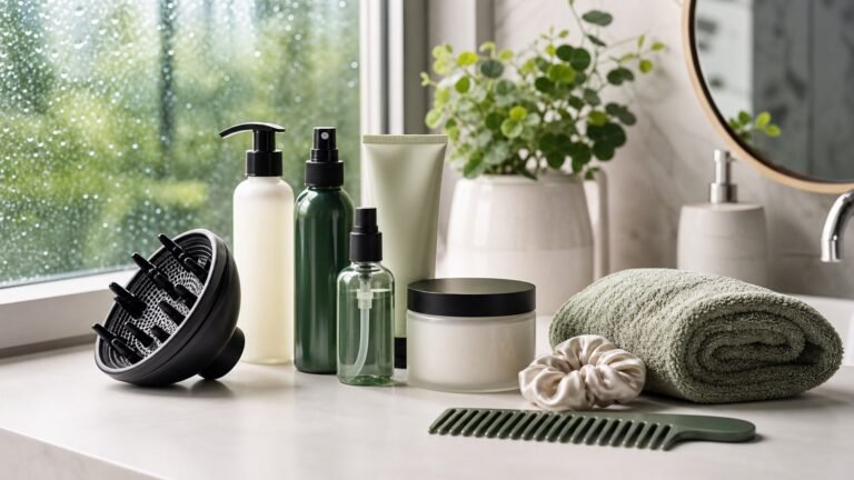 Anti-humidity hair products kit with spray, serum, curl cream, diffuser, microfiber towel, and satin scrunchie