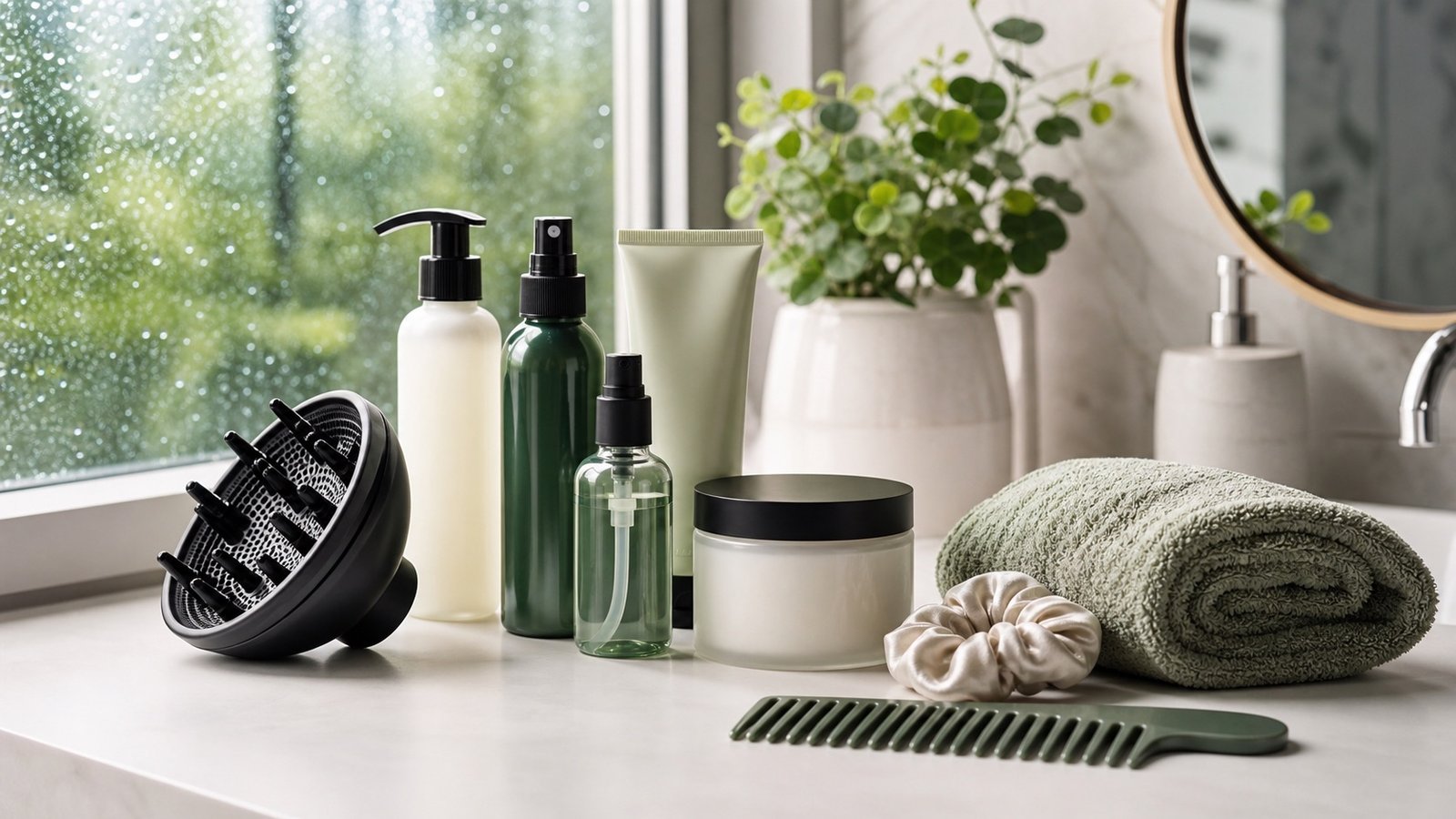 Anti-humidity hair products kit with spray, serum, curl cream, diffuser, microfiber towel, and satin scrunchie