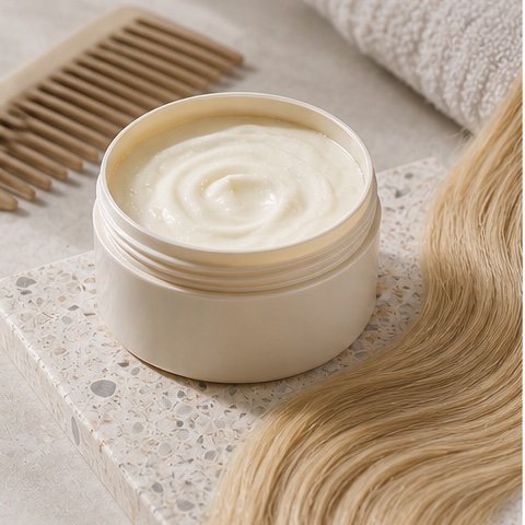 Bond repair hair mask, wide-tooth comb, towel, and blonde hair swatch