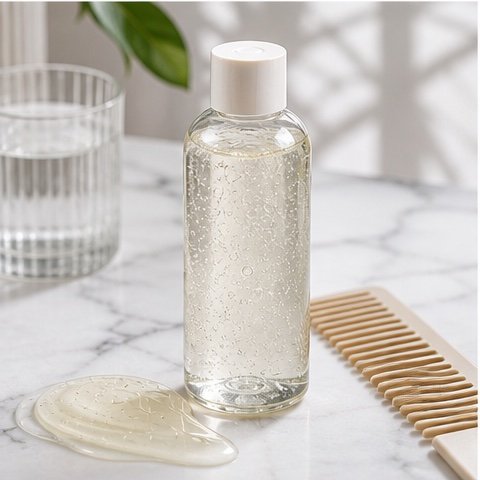 Clarifying shampoo, clear cleanser texture, comb, and water for product buildup care