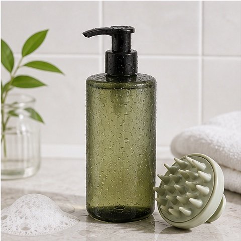 Anti-dandruff shampoo, scalp brush, foam, and clean towel for oily scalp care