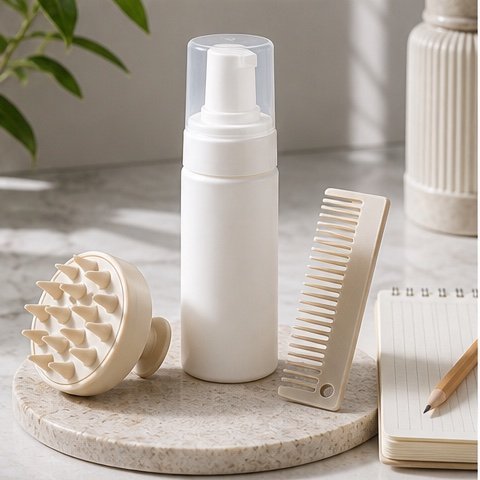 Hair growth support routine with scalp massager, foam bottle, measuring comb, and journal