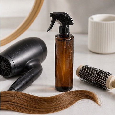 Heat protectant spray with blow dryer, round brush, and smooth hair section