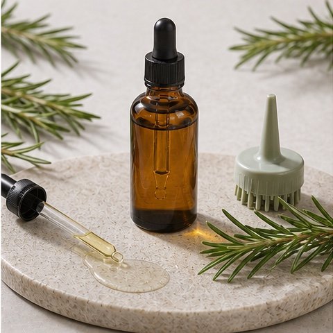 Rosemary hair oil dropper, rosemary sprigs, and scalp applicator for scalp care