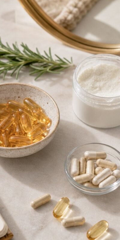 Hair supplements, collagen powder, capsules, water and hair brush for an Amazon hair supplement guide