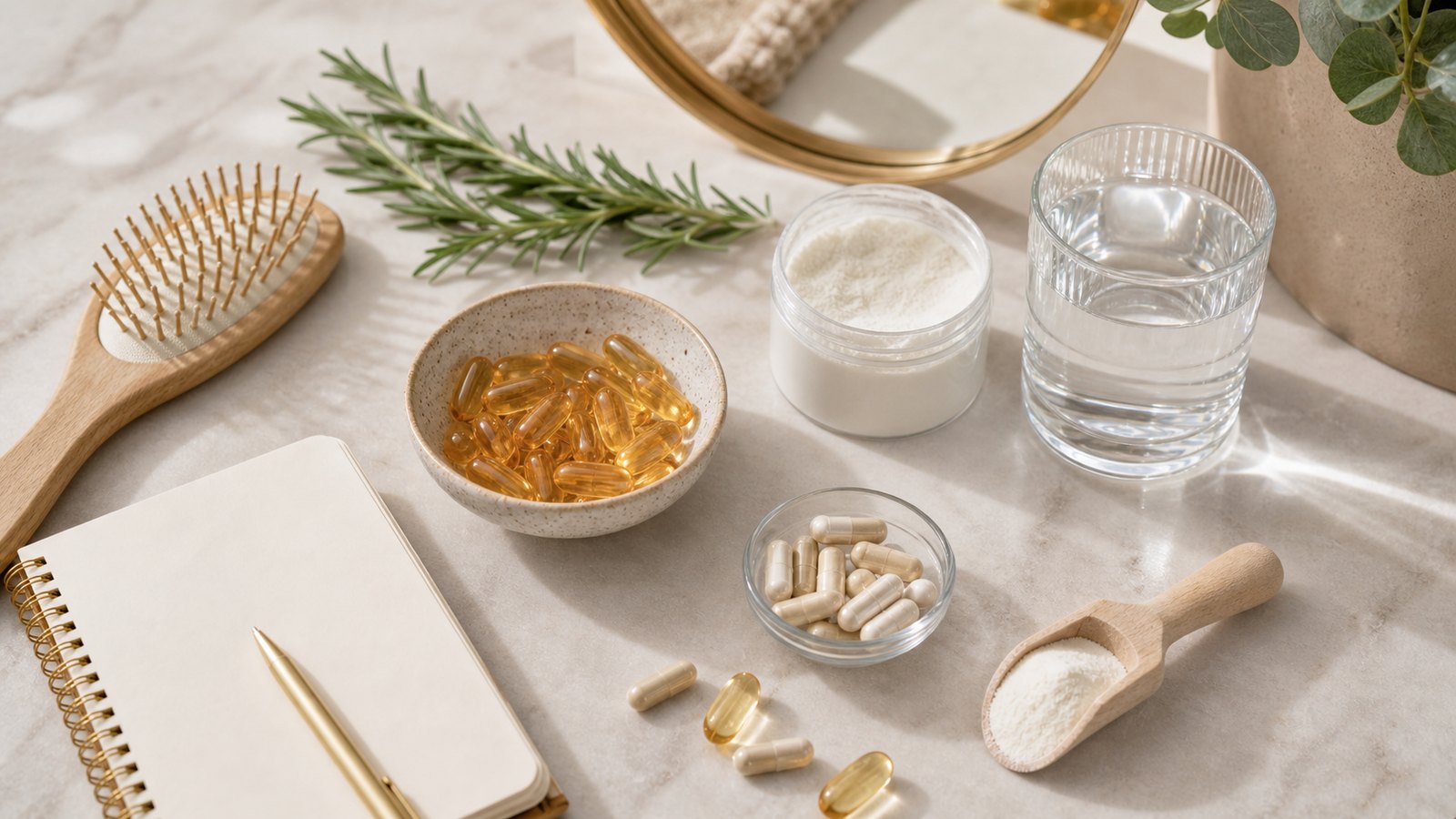 Hair supplements, collagen powder, capsules, water and hair brush for an Amazon hair supplement guide