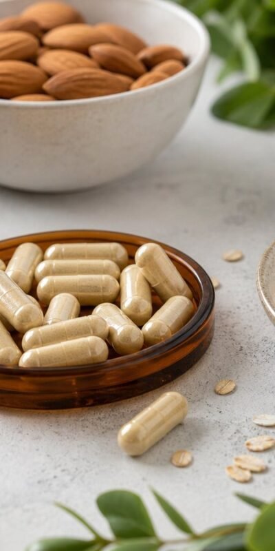 Biotin style capsules with eggs, almonds, oats, avocado and a wooden comb