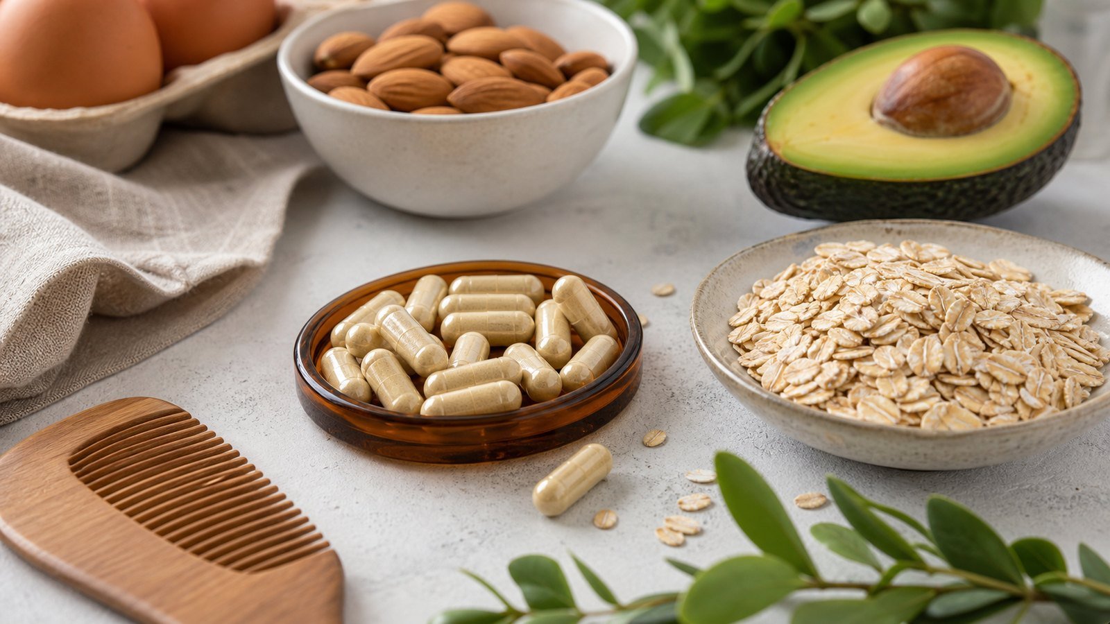 Biotin style capsules with eggs, almonds, oats, avocado and a wooden comb