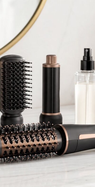 Blow dryer brush and easy hair styling tools on a vanity