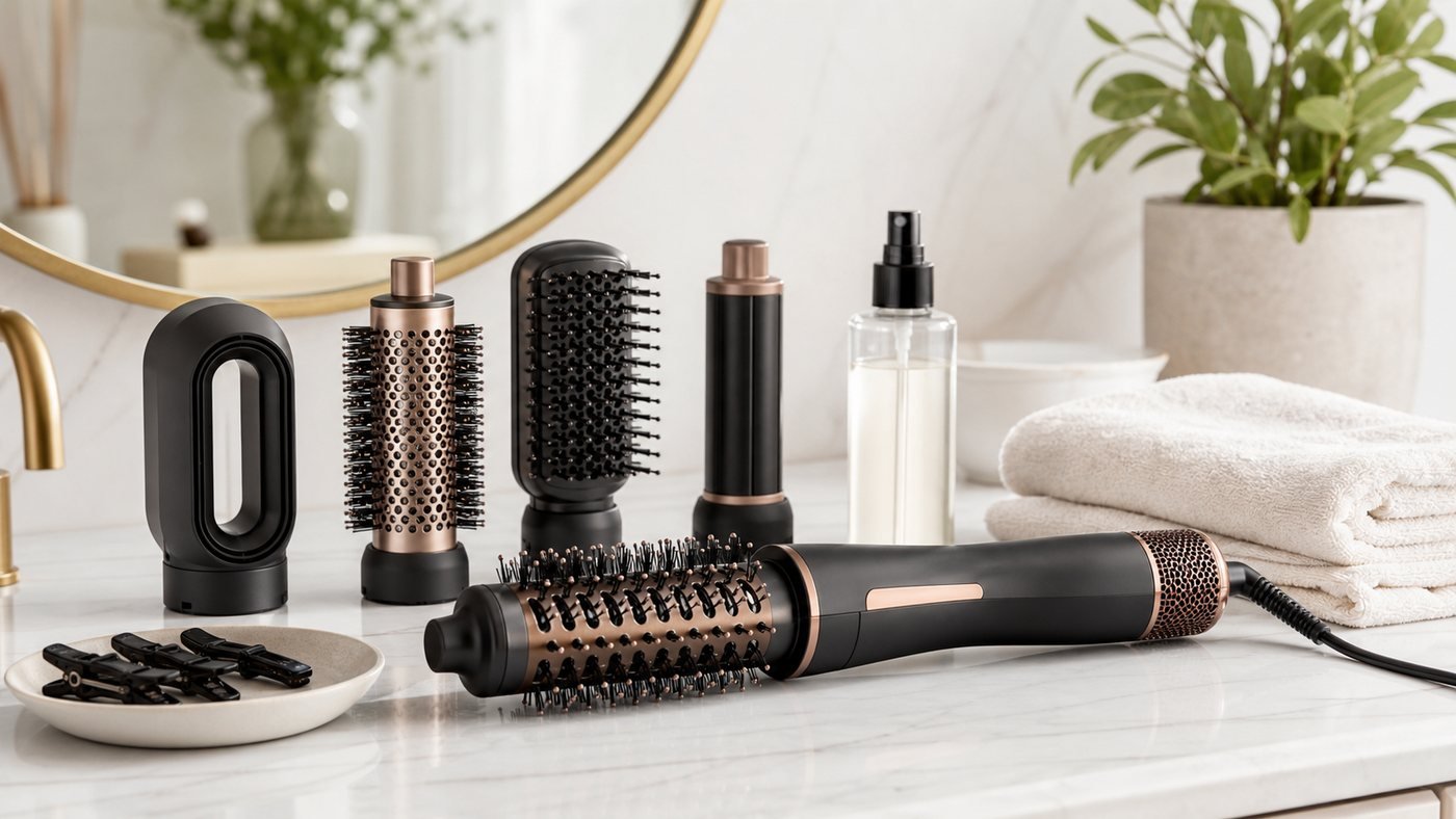 Blow dryer brush and easy hair styling tools on a vanity