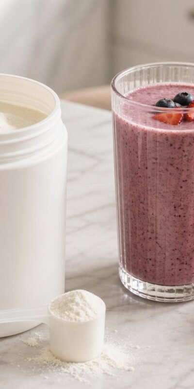 Collagen peptide powder with smoothie, berries, citrus and hair brush