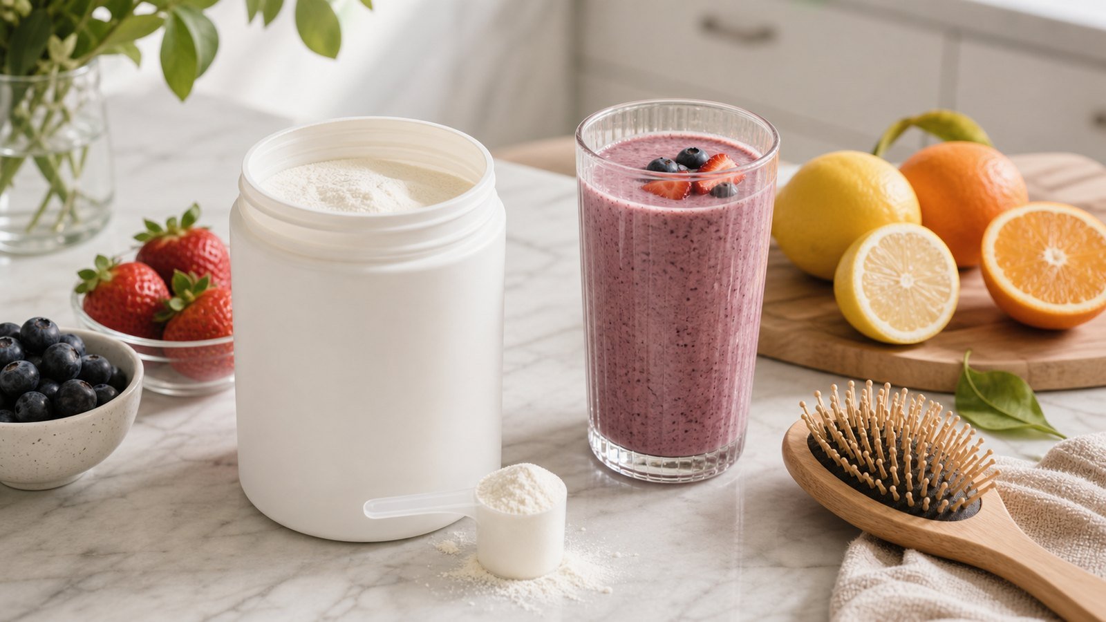 Collagen peptide powder with smoothie, berries, citrus and hair brush