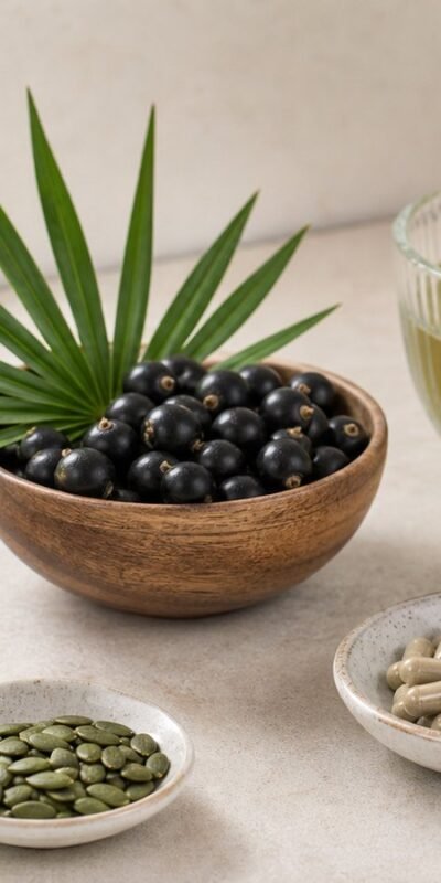 Saw palmetto berries, pumpkin seeds, capsules, green tea and hair comb