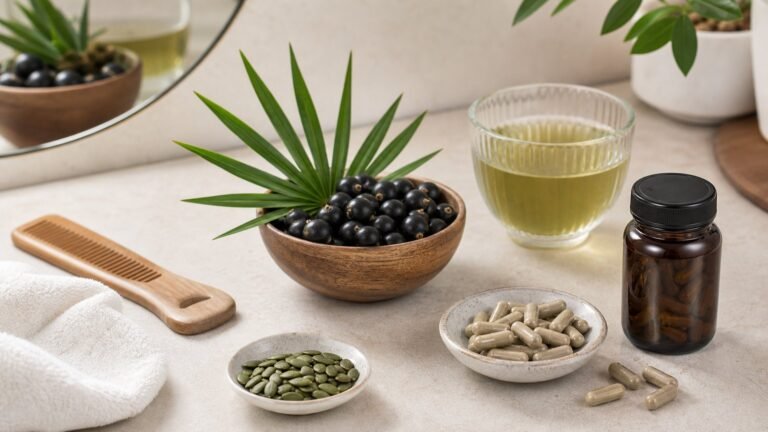 Saw palmetto berries, pumpkin seeds, capsules, green tea and hair comb
