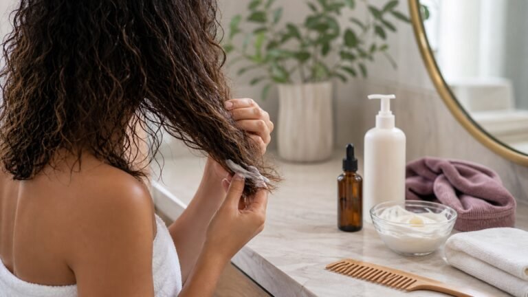 Dry and frizzy hair treatment routine with leave-in conditioner and microfiber towel