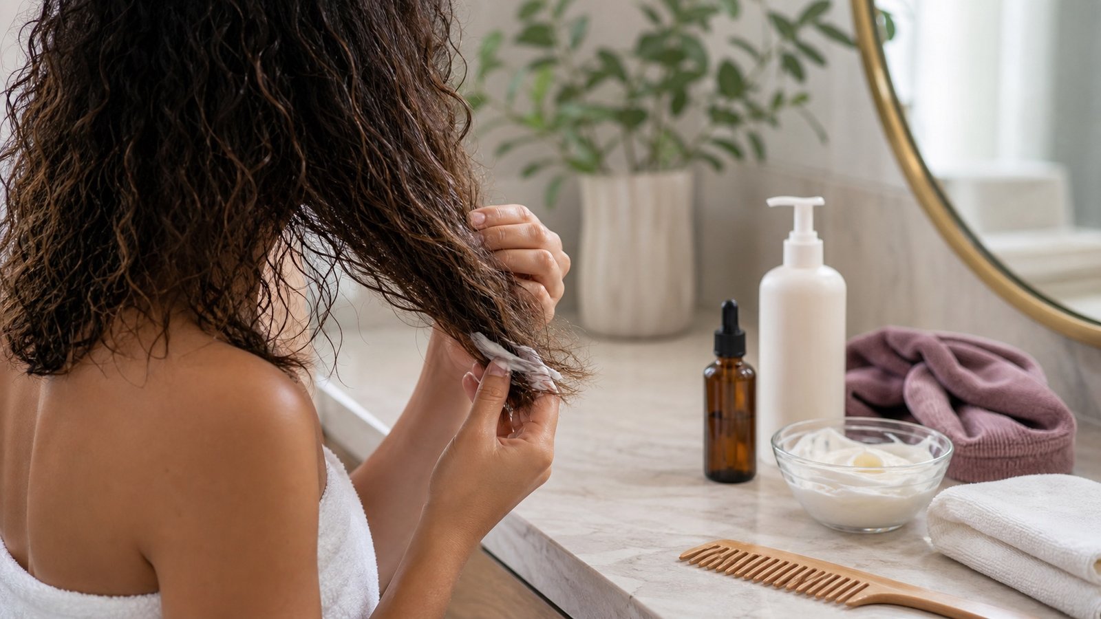 Dry and frizzy hair treatment routine with leave-in conditioner and microfiber towel