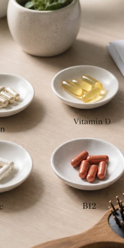 Iron, vitamin D, zinc and B12 supplement dishes beside blank lab-style paperwork and a hair brush