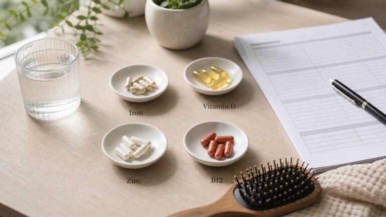 Iron, vitamin D, zinc and B12 supplement dishes beside blank lab-style paperwork and a hair brush