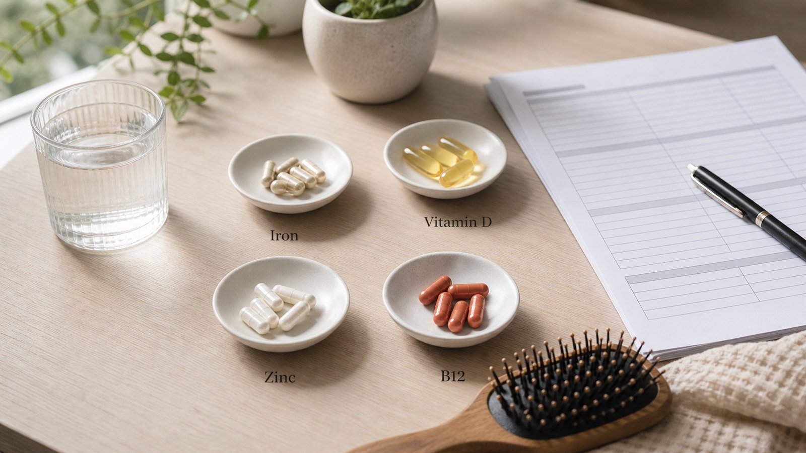 Iron, vitamin D, zinc and B12 supplement dishes beside blank lab-style paperwork and a hair brush