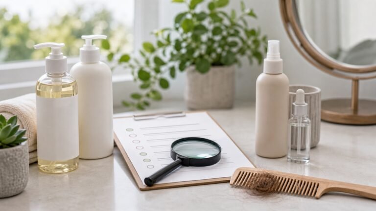 Hair product ingredient check with gentle shampoo, comb, and normal shed hair