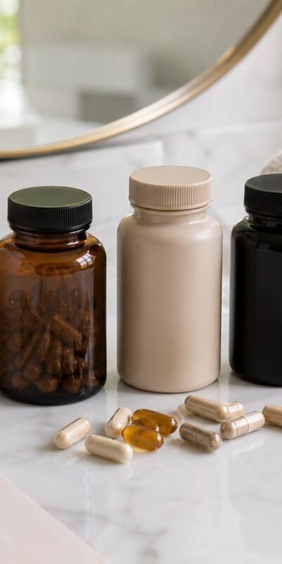 Unbranded supplement bottles, capsules, water glass, towel and comb on a bathroom counter