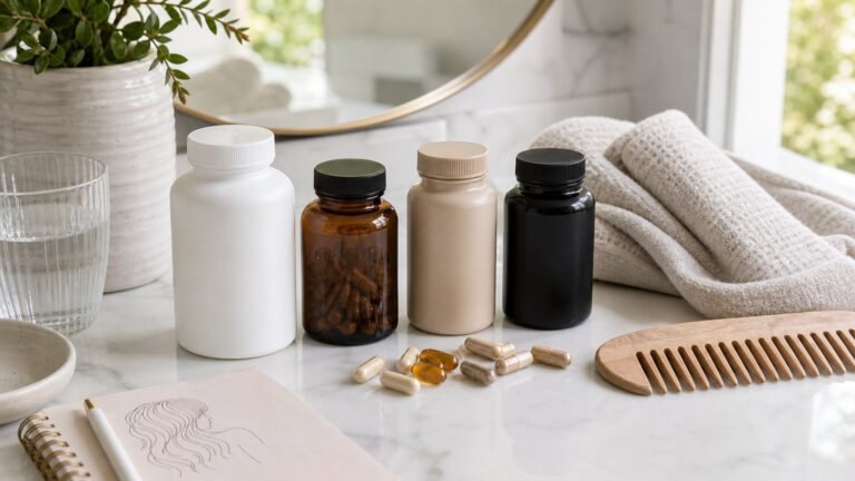Unbranded supplement bottles, capsules, water glass, towel and comb on a bathroom counter