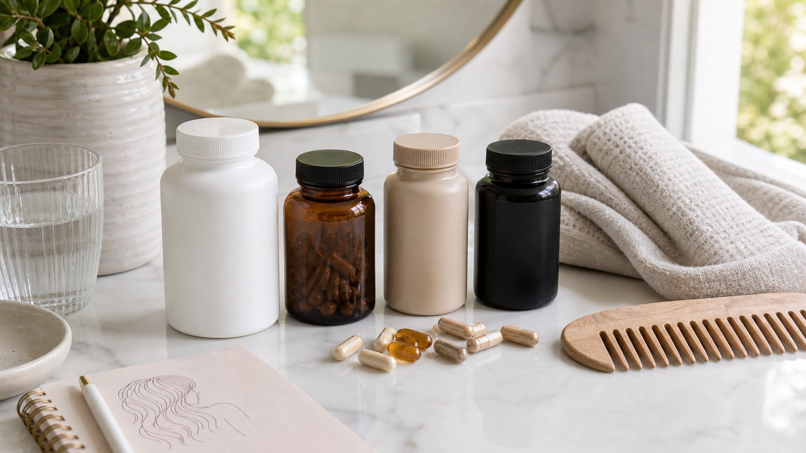 Unbranded supplement bottles, capsules, water glass, towel and comb on a bathroom counter
