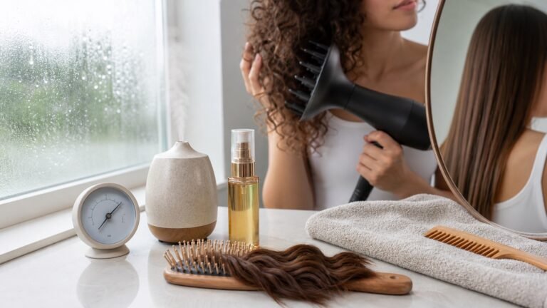 Anti-frizz humidity hair routine with diffuser, serum, towel, and humidity gauge