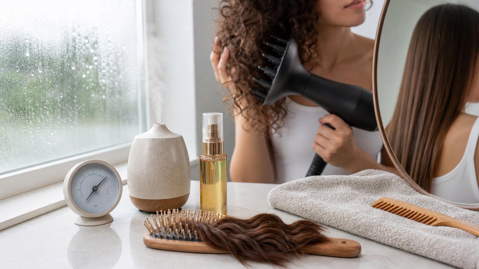 Anti-frizz humidity hair routine with diffuser, serum, towel, and humidity gauge