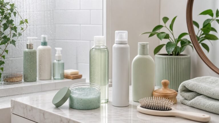 Oily hair product kit with clarifying shampoo, dry shampoo, scalp scrub, and scalp brush