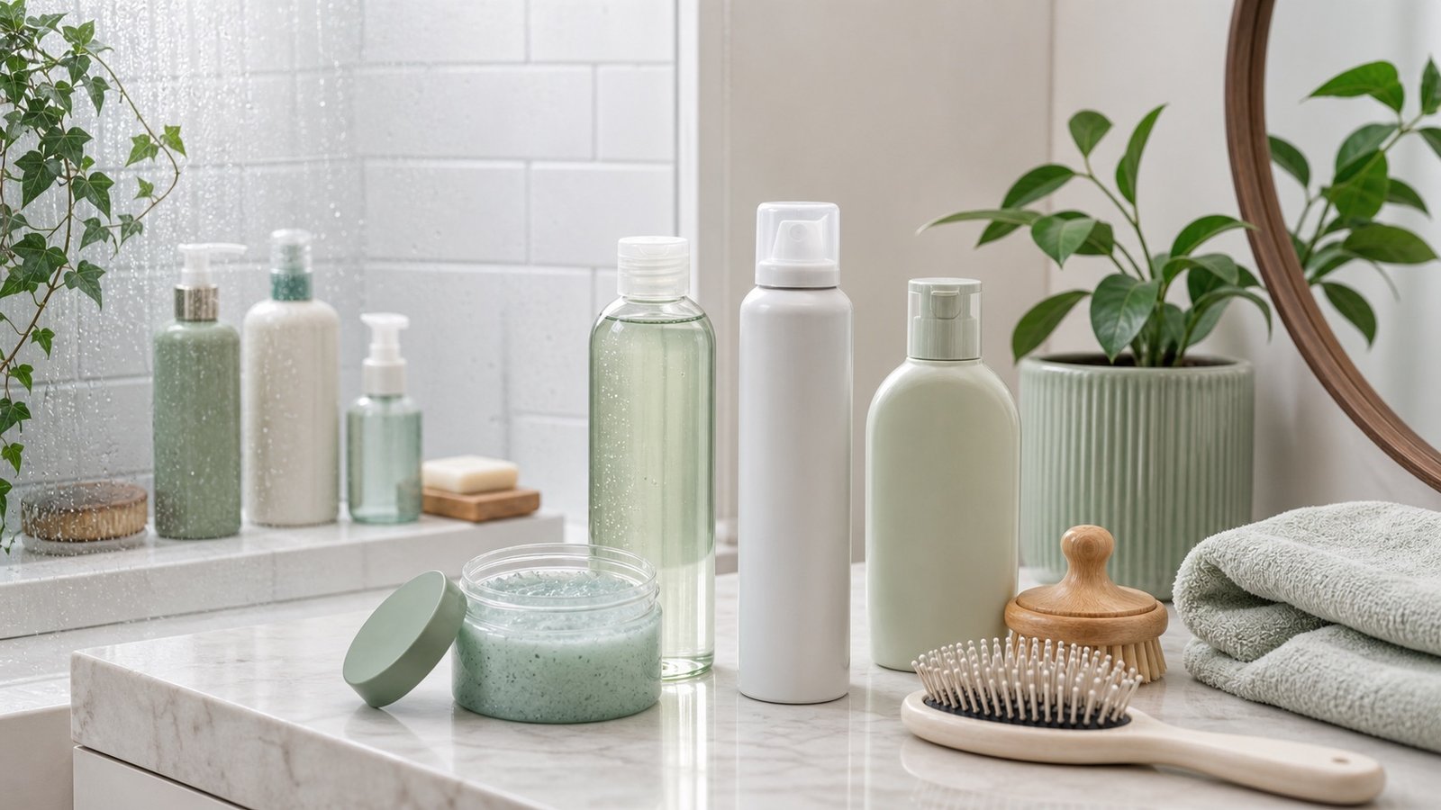 Oily hair product kit with clarifying shampoo, dry shampoo, scalp scrub, and scalp brush