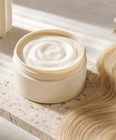 Bond repair treatment product category image with cream mask and blonde hair swatch