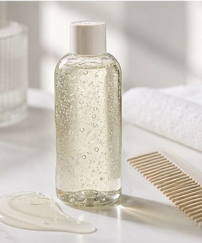 Clarifying shampoo product category image with comb and cleanser texture