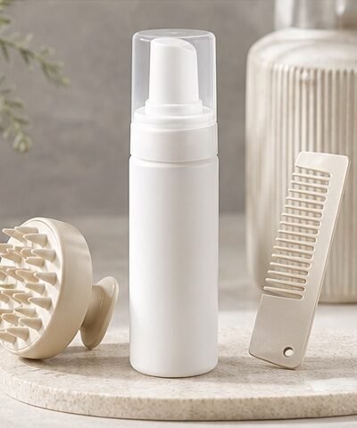 Hair growth treatment kit product category image with scalp massager and foam bottle