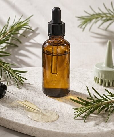 Rosemary hair oil product category image with dropper and rosemary sprigs