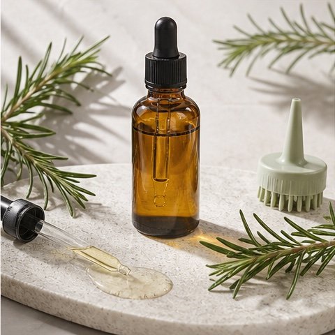 Rosemary hair oil product category image with dropper and rosemary sprigs