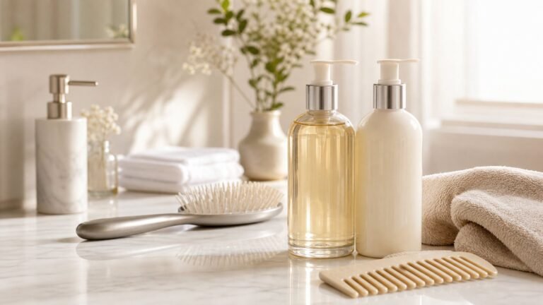 Hair care products for seniors and aging hair on a bathroom vanity
