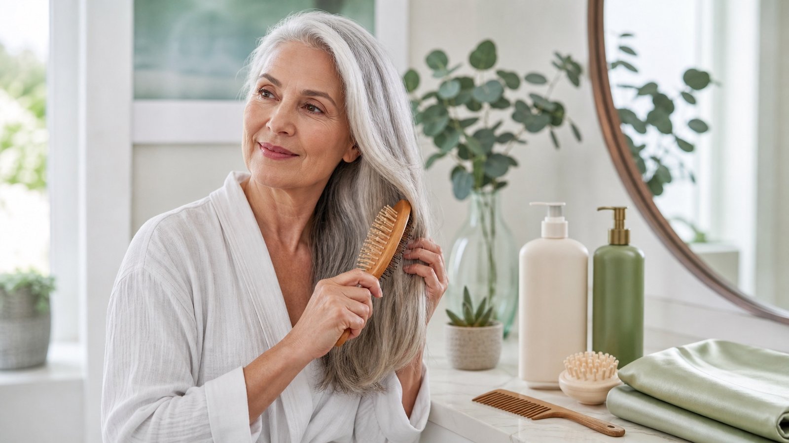 Senior hair care routine with gentle brush, shampoo, scalp brush, and silk pillowcase