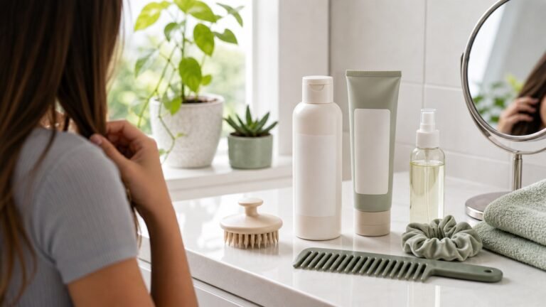 Teen hair care routine with gentle shampoo, leave-in spray, soft scalp brush, satin scrunchie, and microfiber towel